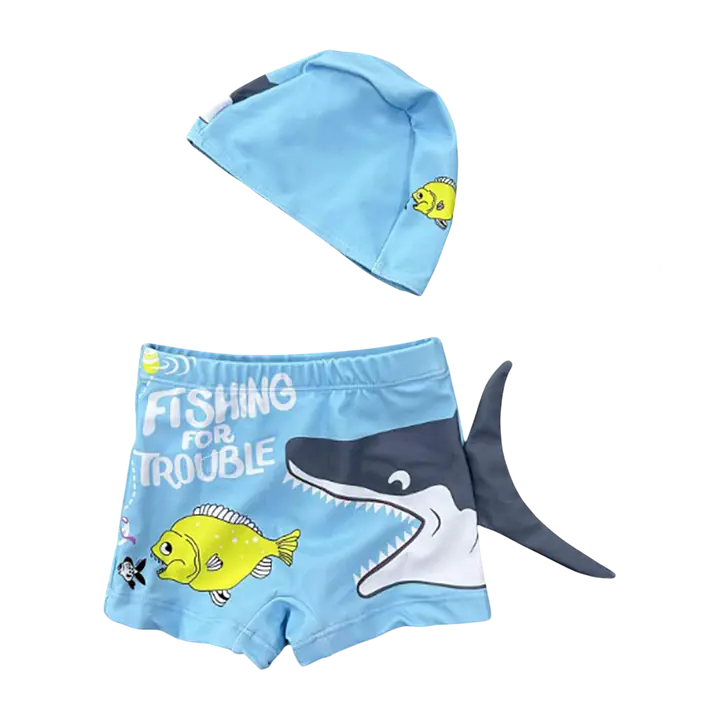 Little Boys Shark Swim Trunks with Cap Set - Master