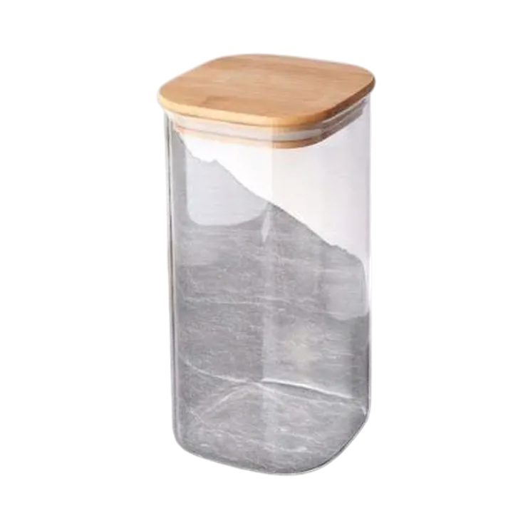 Square Glass Storage Jar with Airtight Bamboo Lid - Capacity (ml): 2200ML