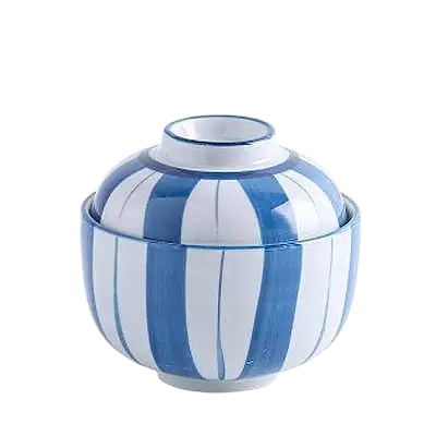 Traditional Japanese Ceramic Bowl – Blue & White Striped Design secondary image