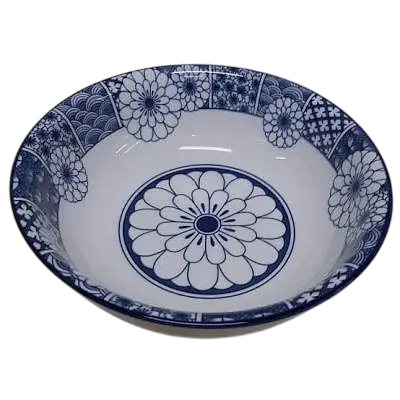 Japanese Rhyme Blues Ceramic Serving Bowl – Floral Medallion & Geometric Pattern secondary image