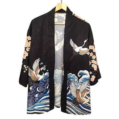 Haori Style Crane Print Black Shirt primary image