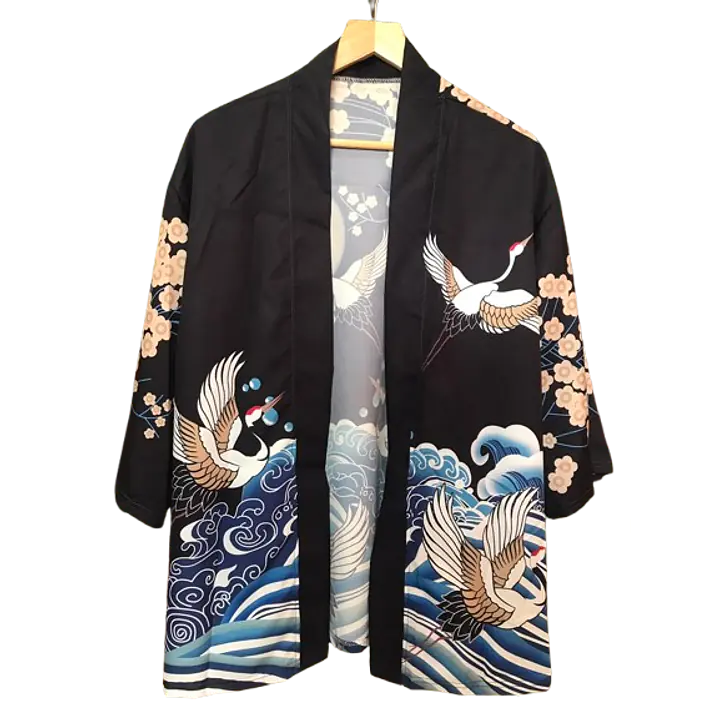 Haori Style Crane Print Black Shirt - Master
