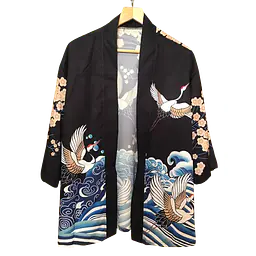 Haori Style Crane Print Black Shirt - Master