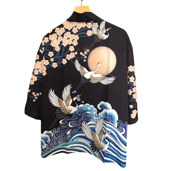 Haori Style Crane Print Black Shirt - Master