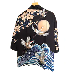 Haori Style Crane Print Black Shirt - Master