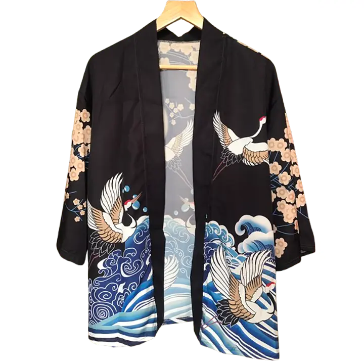 Haori Style Crane Print Black Shirt - Master