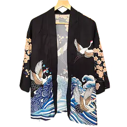 Haori Style Crane Print Black Shirt - Master