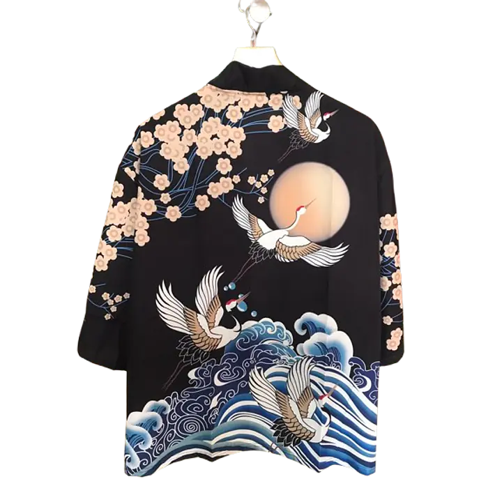 Haori Style Crane Print Black Shirt - Master