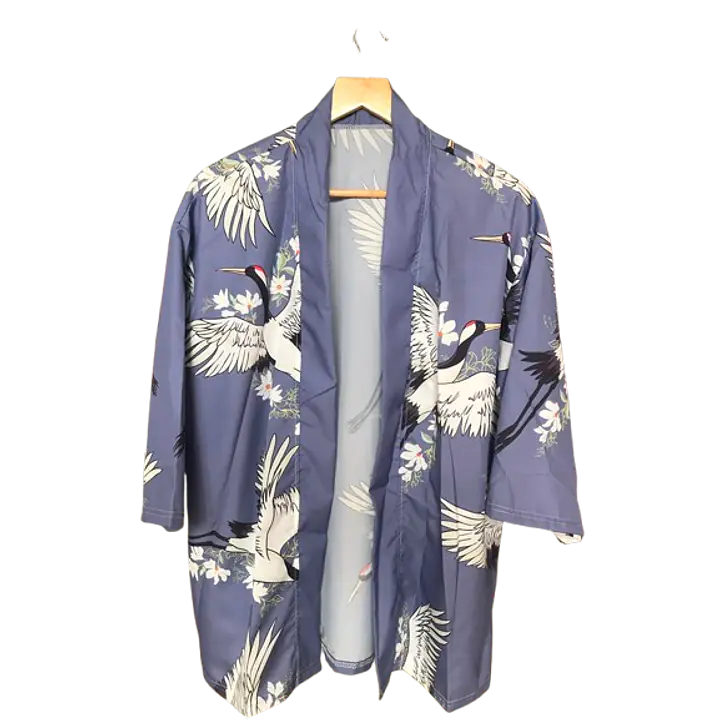 Haori Style Crane Print Blue Shirt - Master