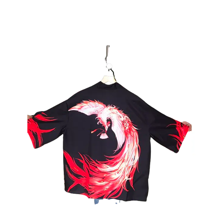 Haori Style Phoenix Print Black Shirt - Master