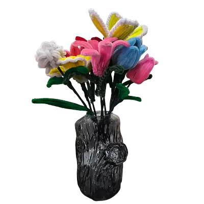 Handcrafted Pipe Cleaner Floral Arrangement in Tree Bark Glass Vase primary image