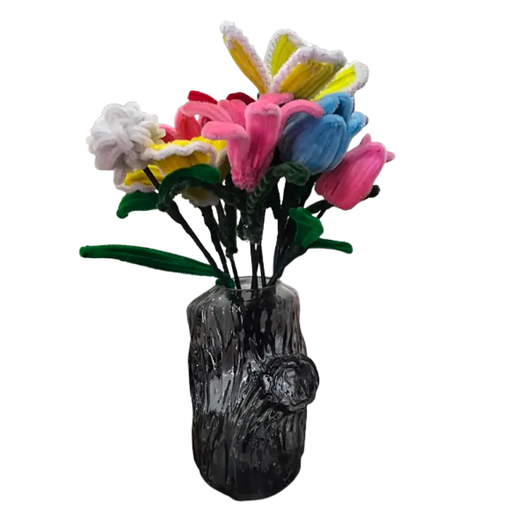 Handcrafted Pipe Cleaner Floral Arrangement in Tree Bark Glass Vase - Master