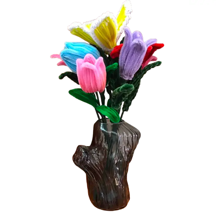 Handcrafted Pipe Cleaner Floral Arrangement in Tree Bark Glass Vase - Master