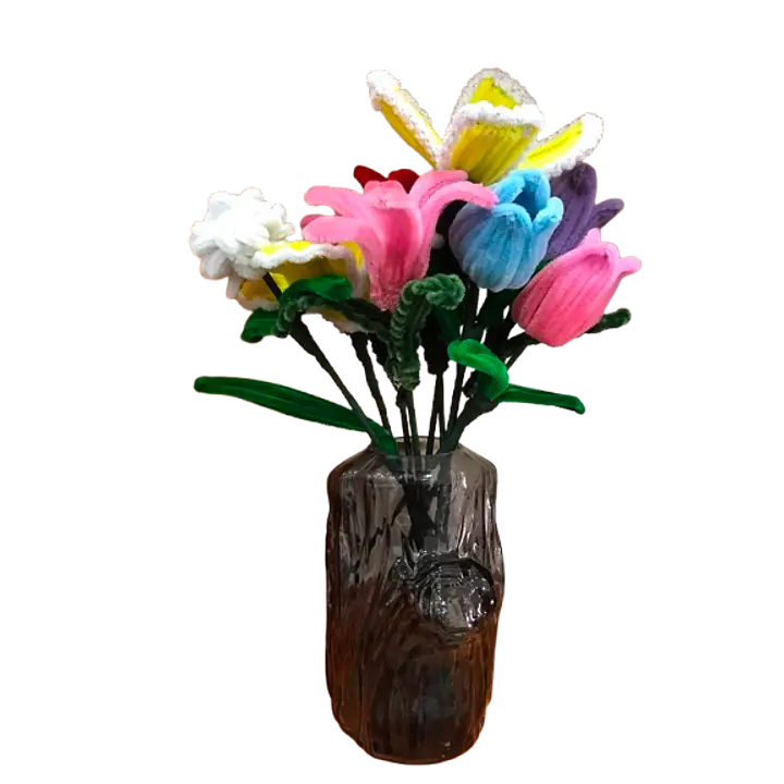 Handcrafted Pipe Cleaner Floral Arrangement in Tree Bark Glass Vase - Master