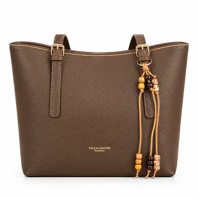 YGLE & LEATHER Pebbled Leatherette Tote Bag with Beaded Tassel Charm primary image