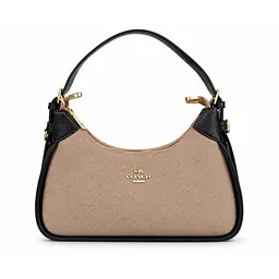 Coach Small Curved Leatherette & Canvas Shoulder Bag - Color: Beige Twill Canvas with Black Trim