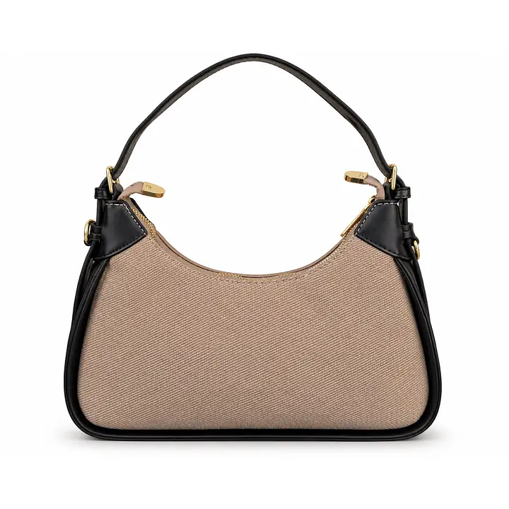 Coach Small Curved Leatherette & Canvas Shoulder Bag - Color: Beige Twill Canvas with Black Trim