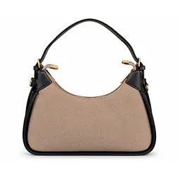 Coach Small Curved Leatherette & Canvas Shoulder Bag - Color: Beige Twill Canvas with Black Trim
