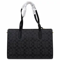 Coach Signature Canvas Structured Tote Bag with Attached Pouch - Color: Charcoal