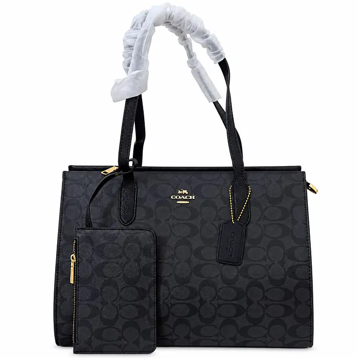 Coach Signature Canvas Structured Tote Bag with Attached Pouch - Color: Charcoal