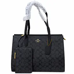 Coach Signature Canvas Structured Tote Bag with Attached Pouch - Color: Charcoal