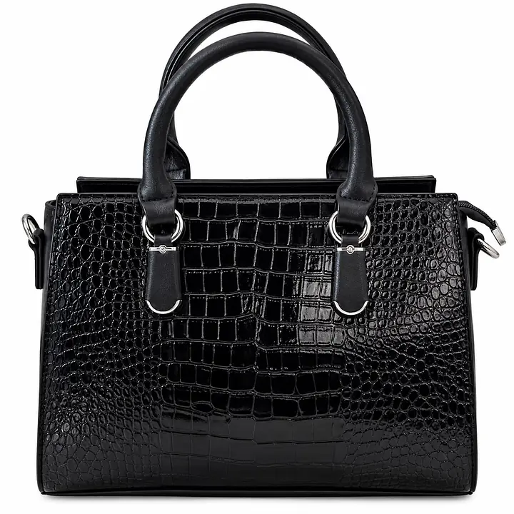 Black Dual-Textured Structured Satchel Handbag - Master