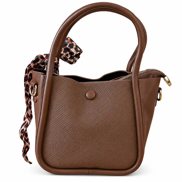 Structured Pebbled Leatherette Mini Tote with Leopard Scarf Accent - Color: Chestnut Brown