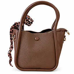 Structured Pebbled Leatherette Mini Tote with Leopard Scarf Accent - Color: Chestnut Brown